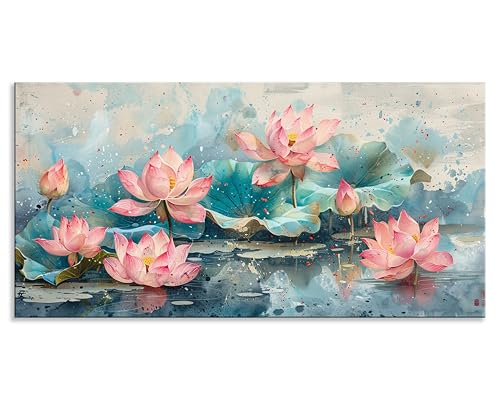 NAN Wind 1Pcs Pink Lotus Flowers Canvas Prints Wall Art Green Leaves and Blooming Water Lilies Framed Wall Decor Ready to Hang Nature-Inspired Floral Decorative Art for Living Room Bedroom Office - color: Pink Lotus-One Piece, size: 32"L x 16"W