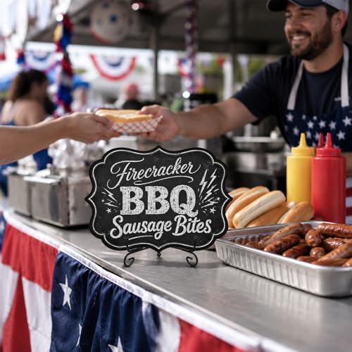 Wooden Food Sign with Metal Stand, Patriotic Hot Dog Buffet Decor for BBQ Party, Food Truck, Restaurant Counter, 5 x 7 Inch Independence Day Tabletop Display - A06 - color: DLR A06