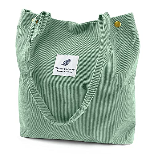 Ayieyill Corduroy Tote Bag for Women Canvas Shoulder Cord Purse with Inner Pocket - color: Pea Green