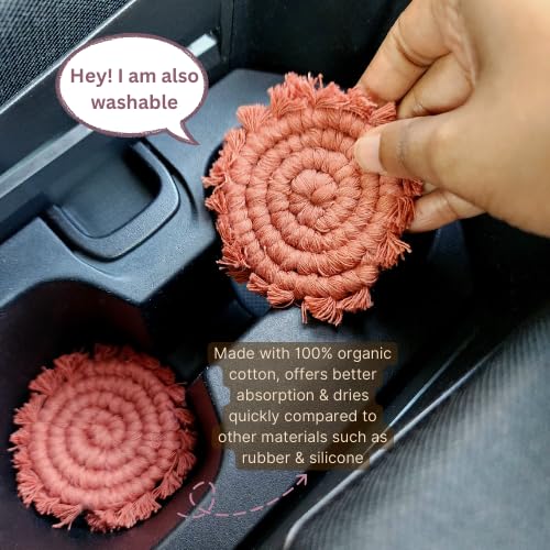 Cotton Car Coasters for Cup Holders, 2PC Car Cup Coasters, Drink Coaster Holder, Cute cupholder Coaster Accessories for Women, Macrame, Boho (Cafe Latte) - color: Cafe Latte