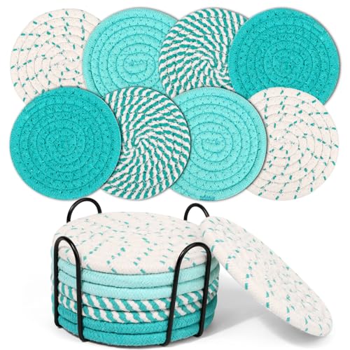 Mckanti 8 Pcs Coasters for Drink with Holder, 4 Colors Absorbent Coasters for Drinks, Minimalist Cotton Woven Coaster Set for Home Decor Tabletop Protection Suitable for Kinds of Cups, 4.3 Inches. - color: Muti-color F