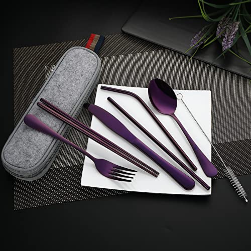 DEVICO Portable Utensils, Travel Camping Cutlery Set, 8-Piece including Knife Fork Spoon Chopsticks Cleaning Brush Straws Portable Case, Stainless Steel Flatware set (Purple) - color: Purple