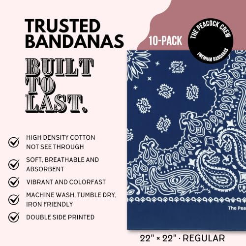 The Peacock Crew Premium Soft Cotton Bandanas Pack for Men and Women Paisley 22 x 22 inches - color: Pack of 10 Navy Blue