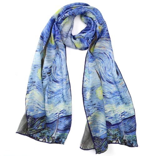 JWSilk Long Charmeuse Silk Scarf Classic Art Print - color: Starry Night By Van Gogh