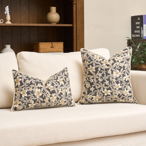 Aeckself Neutral Floral Pillow Cover 18 x 18 Inch, Vintage Chenille Square Throw Pillow Cover Soft Home Decorative Farmhouse Accent Couch Pillow Cover for Living Room Bedroom, Grey - color: Grey, size: 18" x 18" (Pack of 1)
