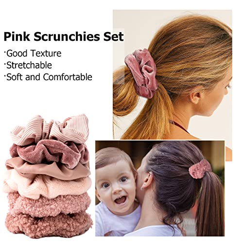 Scrunchies for Women Girls 6Pcs Large Velvet Scrunchies for Long Thick Hair Ultra Textured Soft Cotton Scrunchy Hair Ties Pink Hair Bands No Damage Ropes Ponytail Holders Bulk Cute Hair Accessories - color: 6PCS Pink