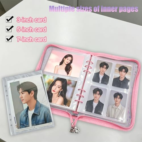 A5 Kpop Photocard Binder Holder with 50 Sheets Double Sided Sleeves for Polaroid Instax Mini Photo Album Zip Book Game Trading Sports Baseball Card Binder 6 Ring 4 Pocket Collector (Pink) - color: Pink