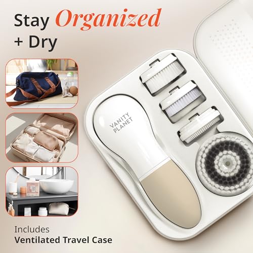 Vanity Planet Raedia Facial Cleansing Brush - Electric Facial Cleansing Brush with 4 Exfoliating Brush Heads - Waterproof, Handheld, Lightweight for Face Scrubber and Exfoliating Face - Warm Grey - color: Warm Gray