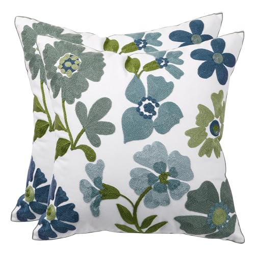 Embroidered Throw Pillow Covers 18x18 inch Pack of 2 Blue Blossoms - color: Blue Blossoms