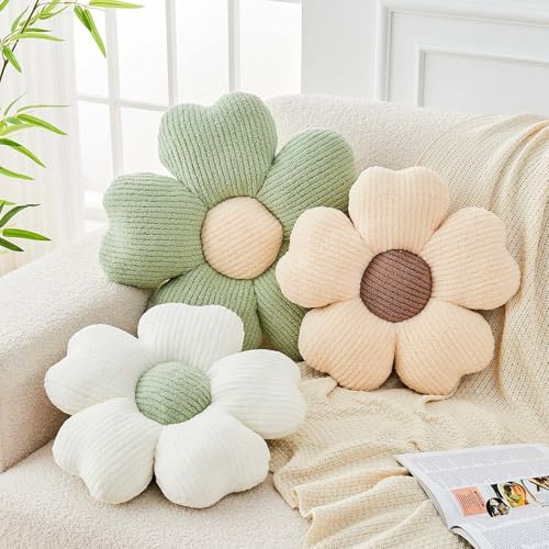 Kcvvcr Flower Throw Pillow, Cute Flower Shaped Pillow Decorative Throw Pillow for Bed Couch, Soft Daisy Pillows Floor Seating Cushion Cushions (14.9 Inch White+Green) - color: White+green, size: 14.9 Inch