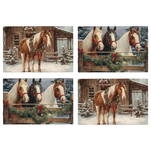 Christmas Horse Table Placemats Set of 4 Place Mats Linen Wipeable Placemats Waterproof Rectangle Table Mat for Kitchen Dining Dinner 18 X 12 Inch - color: Christmas Horse