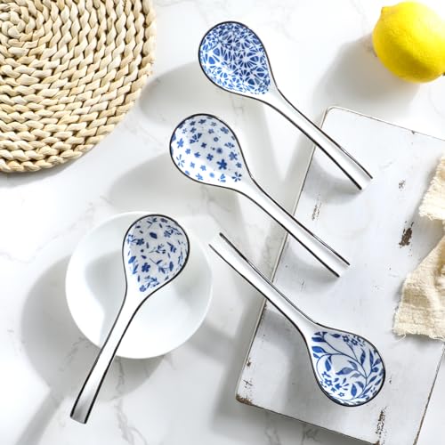 Ceramic Asian Soup Spoons Set 4 Chinese Soup Spoon, 6.3 Inch Ramen Spoons
