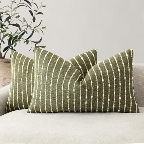 Foindtower Boho Striped Boucle Lumbar Throw Pillow Covers 12x20 Olive Green - color: Olive Green, size: 20" x 12" (Pack of 2)