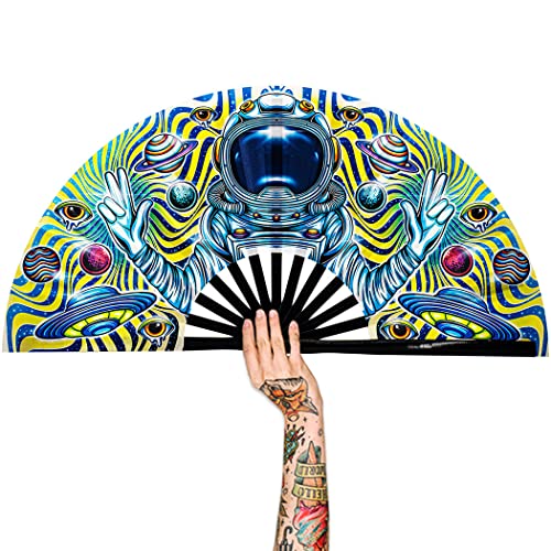 13" Large Rave Fan Bamboo, Folding Clack Hand Fans Foldable for Men Women, Poping Fan for EDM Festival Line Dance Decoration, (Space, Large 13") - color: Space, size: Large 13"