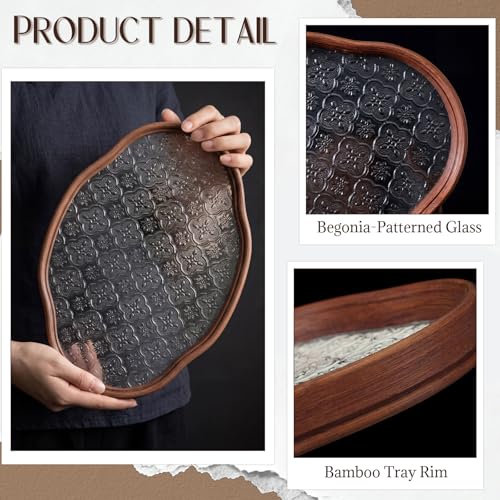Glass Serving Tray with the Crabapple Pattern and Walnut Rectangular Serving Platter, Vintage Floral Edge Decorative Countertop Organizer for Vanity, Coffee Table, Jewelry Display (Clear) - color: Clear
