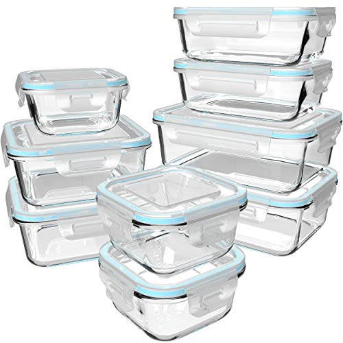 S SALIENT 18 Piece Glass Food Storage Containers with Lids, Glass Meal Prep Containers, food storage Containers for Food Storage, BPA Free & Leak Proof (9 lids & 9 Containers) - color: Blue, size: 18-Piece-Blue