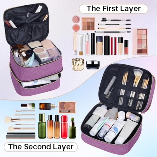 Double Layer Makeup Bag with Adjustable Dividers, Purple - color: Purple