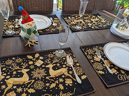 DaDa Bedding Set of 4-Pieces Magical Golden Reindeer Tapestry Placemats - Starry Winter Snowflake Festive Merry Christmas Holiday Yellow & Black - Needle Stitched Woven Table Mats - 13” x 19” - color: Magical Deer
