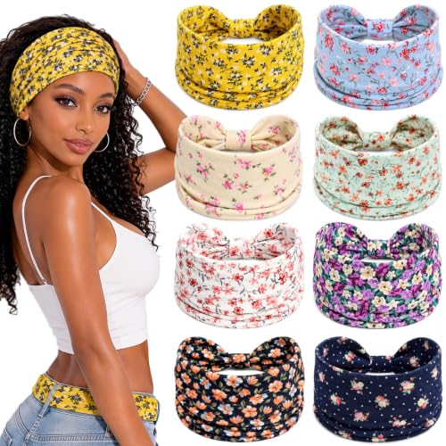 Awumbuk Wide Headbands for Women Knotted Non Slip, Soft Moisture Wicking Head Bands for Workout Sports Yoga 8 Pack - color: Floral Purple