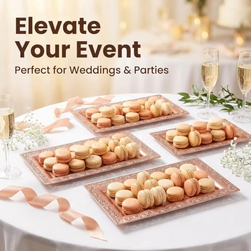 6 (pk) Yumchikel 14" x 7.5" Rose Gold Lace Rim Plastic Serving Trays & Platters | Heavy Duty Disposable Decorative Dessert Tray - Party Platters for Upscale Parties Weddings Brand: Yumchikel - color: Rose Gold Lace, size: 6 Pack