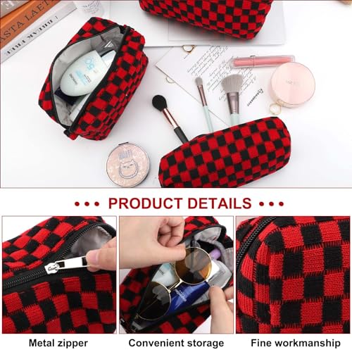 EIMMBD Makeup Bag 3 Pieces Large Capacity Checkered Cosmetic Bags Travel Toiletry Bag Organizer Cute Makeup Pouch Storage for Women(Red & Black) - color: Red & Black