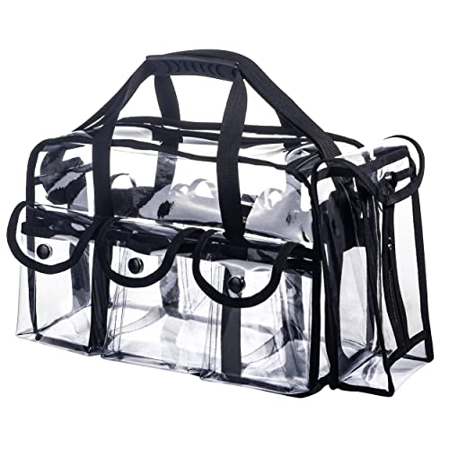 Wide Open Large Professional Clear PVC Travel Makeup Artist Set Bag Cosmetic Nails Beauty Bags Transparent Vinyl Tool Organizer Beach Bags Diaper Bag with 6 External Pockets & Strap (Black) - color: Black