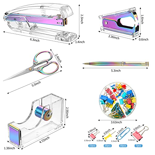 Office Supplies Set Desk Accessory Kit, Acrylic Stapler Set Staple Remover, Tape Dispenser, Binder Clips, Paper Clips, Ballpoint Pen and Scissor with 1000 Pieces 26/6 Staples (Rainbow Color) - color: Rainbow Color