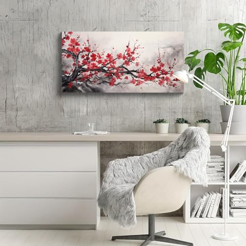 NAN Wind Asian Wall Art Traditional Chinese Decor Oriental Red Cherry Plum Blossom Canvas Pictures for Wall Decor for Living Room Landscape Artwork Framed Ready to Hang - color: Red-One Piece-1, size: 16"L x 8"W