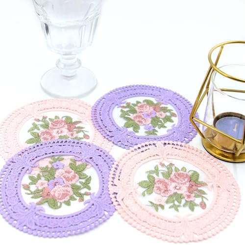 Vintage Crocheted Lace Doilies, Lavender Embroidered Fabric Coasters, Lilac Lace Embroidery Decor for Tabletop Photography (Purple, 8pk) - color: Purple