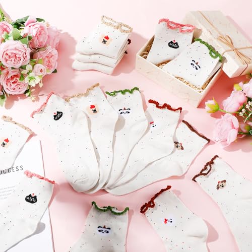 Chicingyou 10 Pairs Women Ruffle Socks Coquette Girly Frilly Cotton Crew Sock Bow Animal Heart Breathable Ankle Socks - color: Colorful, style: Animals