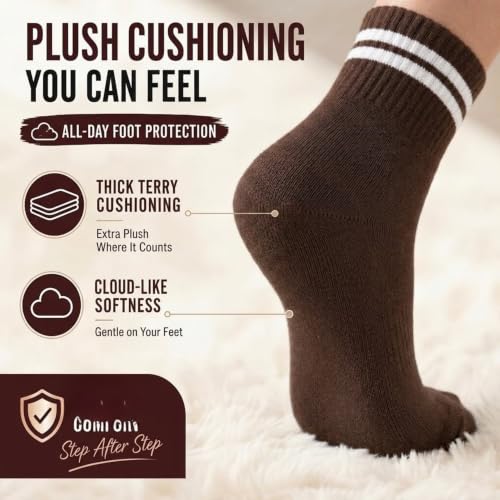 Forever Bambe Mini Crew Socks for Women 4-Pack Cushioned Bottom Retro Striped Socks - Athletic Women's Short Calf Sock - color: 11 - Fall Brown