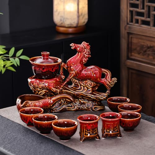 Ceramic Red Horse Teapot with Infuser - Chinese Gongfu Tea Set, 8 Cups, Semi Automatic Design for Loose Leaf Tea - color: Red Horse - B