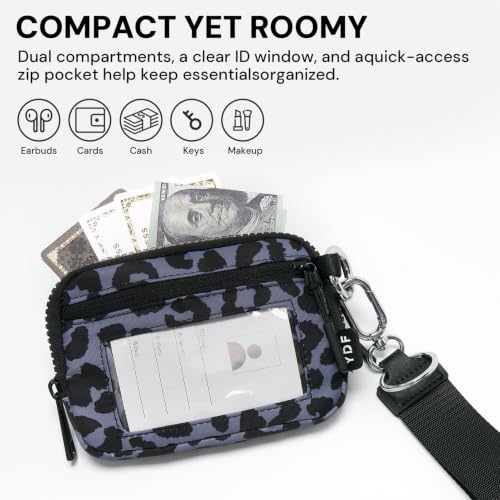 Wristlet Wallet for Women with Clear ID Window, Zip Coin Purse and Keychain - color: Charcoal Leopard