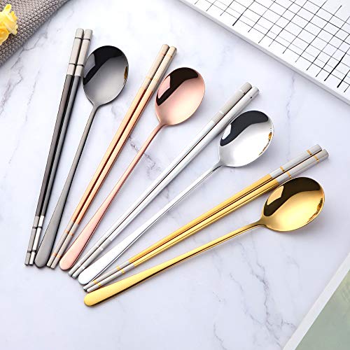 Buyer Star 4 color Square Chopsticks and Spoons Set Metal Stainless Steel Spoons Chopsticks Set - color: 4 color A-square chopstick and spoon