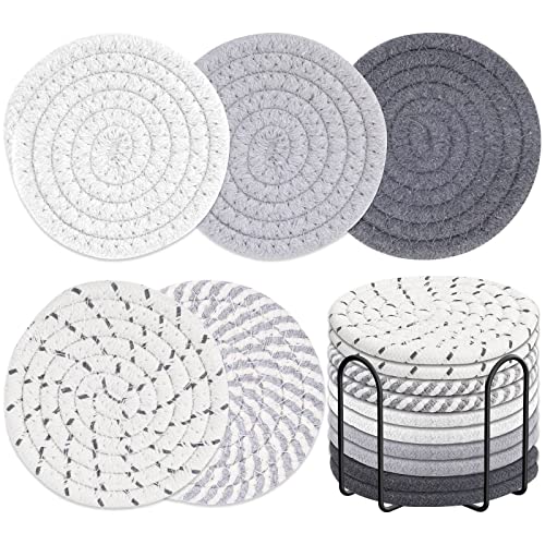 Billbotk 10 Pieces Coasters for Drink Absorbent, 5 Colors Drink Coasters with Holder, Woven Coasters Set for Coffee Table, Wooden Table Decor, Home Decor, 4.3 Inches - color: Gray 1