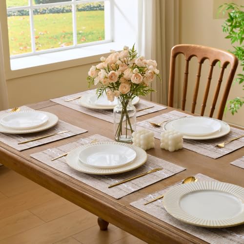 Wracra Cotton Linen Place Mats, Brown Embroidered Placemats Set of 4 - color: Hemstitched Brown, size: Placemats(Set of 4)