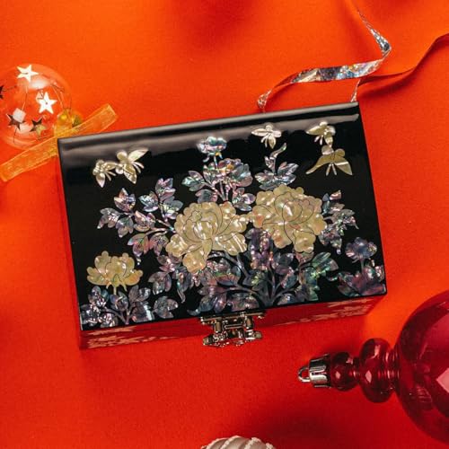 February Mountain Mother of Pearl Small Jewelry Box with mirror lid, Jewelry Storage Organizer for Earring, Necklace, Rings, Bracelet & Accessories - color: Black