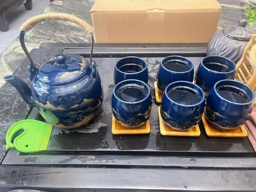 Gift Set Japanese Tea Set, Asian Black Glazed Ceramic Tea Set - Contains 1 Teapot, 1 Tea Strainer and 6 Teacups. Ideal for Home, Outdoor, Office (Blue1) - color: Blue1