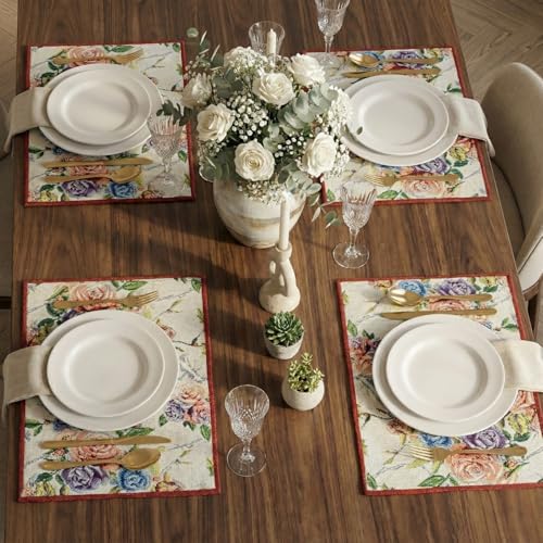 DaDa Bedding Vintage Romantic Roses Floral Dining Table Placemats - Set of 4-Pieces Tapestry Lovely Valentine Blossoms Spring Summer Garden - Decorative Linen Woven Kitchen Mats - 13” x 19” (879) - color: Romantic Roses