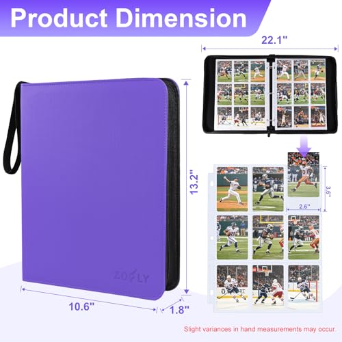 50 Pack 9 Pocket Card Binder, 3 Ring Premium Zip Trading Card Binder, 900 Large Capacity Top Loading Card Storage Album, PU Card Collection Binder for TCG, MTG, Baseball Hockey Sport Cards, Purple - color: Purple