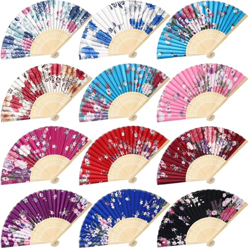 Chuangdi 12 Pcs Folding Hand Fans for Line Dancing Bulk Silk Fabric Popping Clapping Fans for Line Dancing on The Ground for Women Foldable Wedding Decoration Gifts(Rose) - style: Rose
