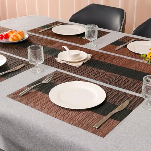 Placemats Set of 4, Vinyl Woven Heat-Resistant Place Mats - color: Black Brown, size: Set of 4