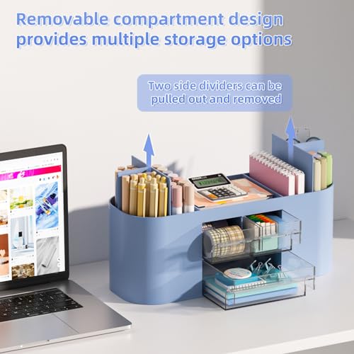 Marbrasse Desk Organizer Pen Holder for Desk with 3 Drawers, Multi-Functional Pencil Holder, Desk Organizers and Accessories with 7 Compartments for Home, School, Classroom(Blue) - color: Blue