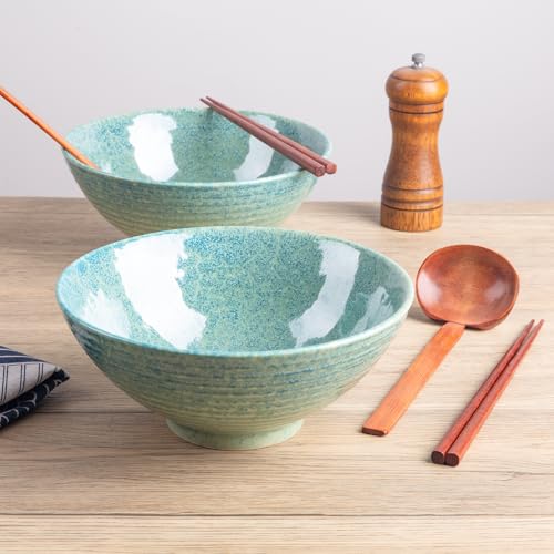 40oz Japanese Ceramic Ramen Bowl Set of 2 with Chopsticks and Spoons for Pho Udon Asian Soup Noodles (Turquoise) - color: Turquoise