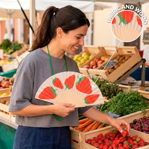 Fisura – Original Folding Fan with Strawberry Print. Colorful Wooden Folding Fan in red with Strap Included. Fun Gift idea for Travel Beach Days or Summer Events. 16.7 x 9 in. - color: Strawberries, Red