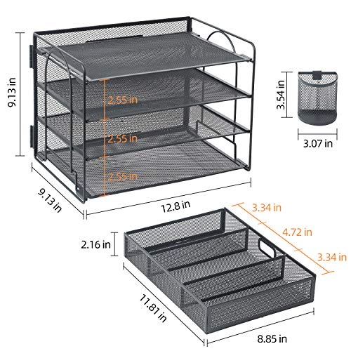 Marbrasse Desk Organizer, 4-Tier Paper File Letter Tray, Black - color: Black With Pen Holder