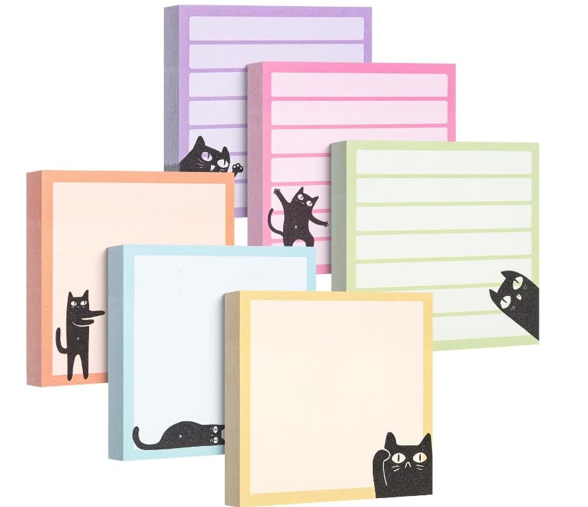 6 Pads Cute Cat Sticky Notes 3X3 Funny Post it Notes Notepads - color: Black Cat