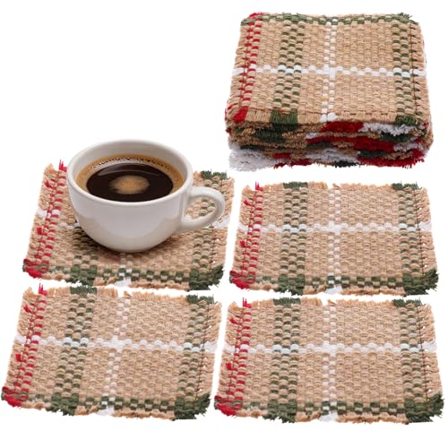 Set of 10 Fabric Drink Coasters, Handcrafted Cotton Woven Coasters for Table, Coastal Farmhouse Table Decor for Coffee Tea Cocktails, Absorbent Soft Desk Coasters for Kitchen Office, Housewarming Gift - color: Red & White Square