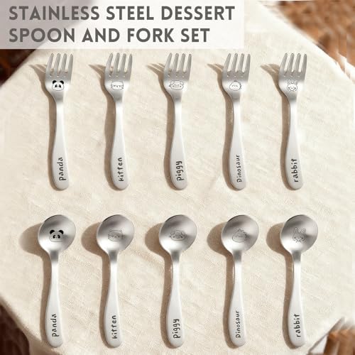 Stainless Steel Dessert Spoon and Fork Set - 2pcs Mini Utensils for Espresso, Ice Cream, Dessert, and More Available in Dinosaurs, Pandas, Rabbits, Cats, and Pigs (Dinosaurs) - color: Dinosaurs