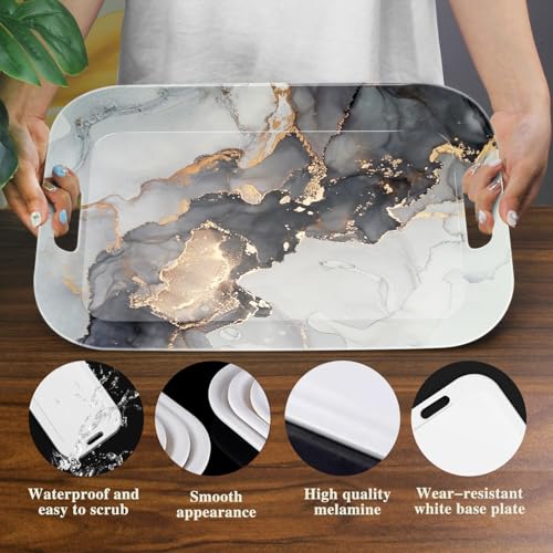 Serving Trays with Handles, 14.5 x 9.8 inch Rectangular Plastic Tray for Restaurant, Kitchen, Gray and Golden Marble - color: Gray and Golden Marble